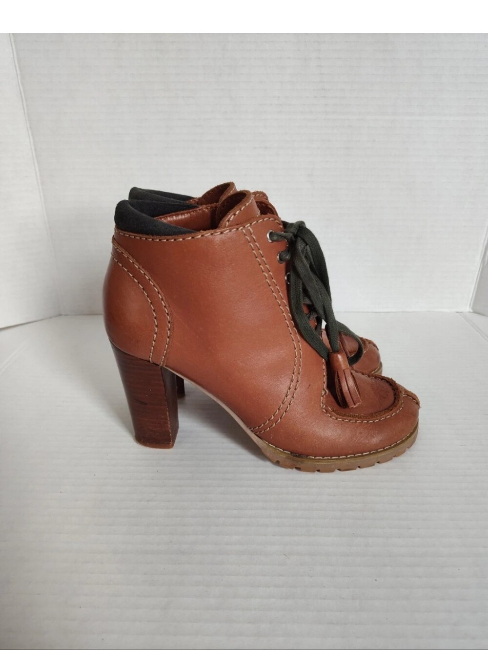 See by Chloe Cognac Brown Leather Ankle Boots Sz 37 US 7 Tassel Laces High Heel